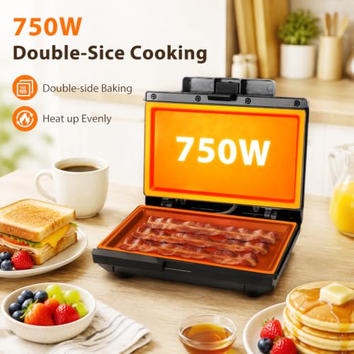 Aigostar Sandwich Maker Flat & Tostadora de Pan - 750W Grilled Cheese Maker