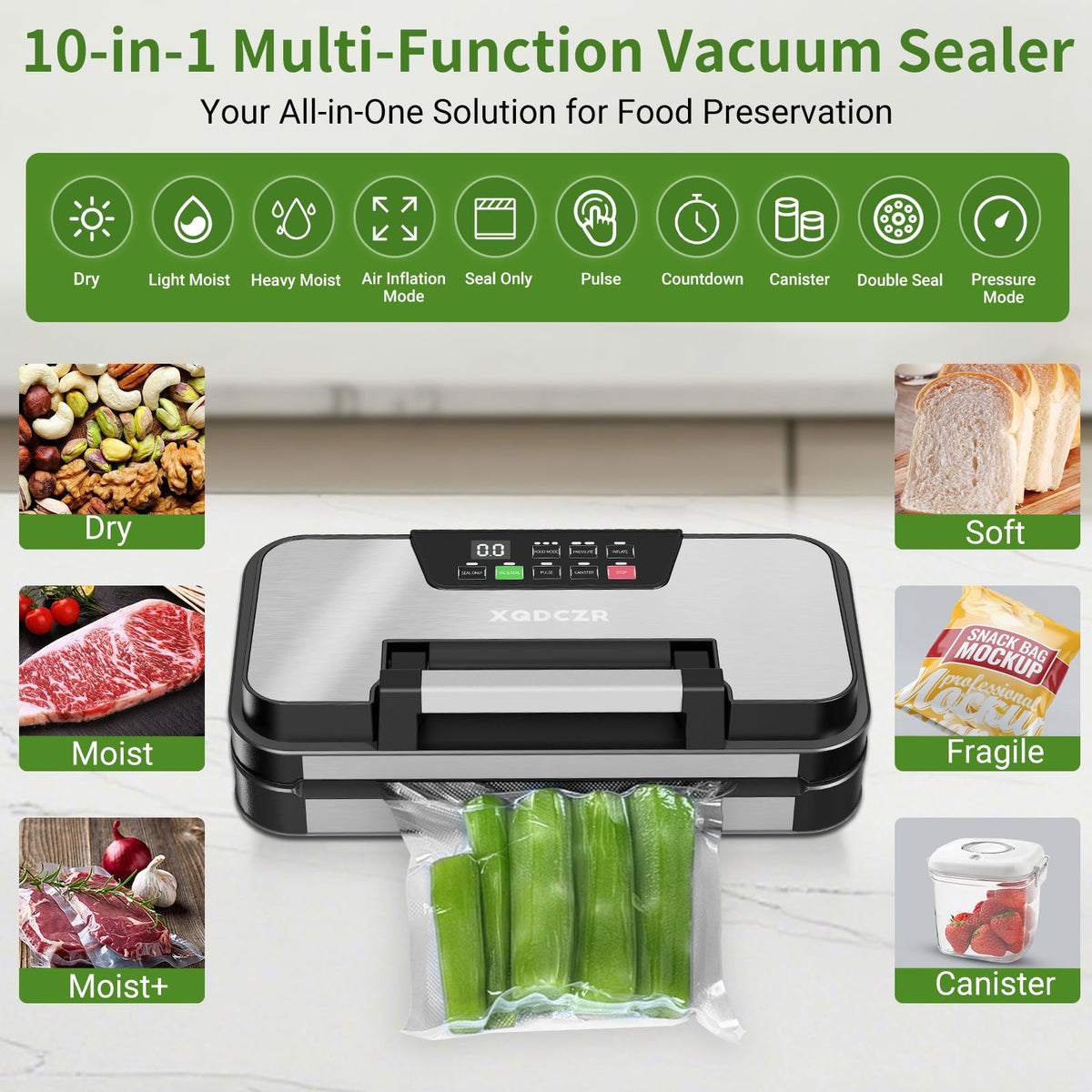 95kPa Vacuum Sealer Machine, Dual Pump, Vacuum & Inflate, Double Heat Seal