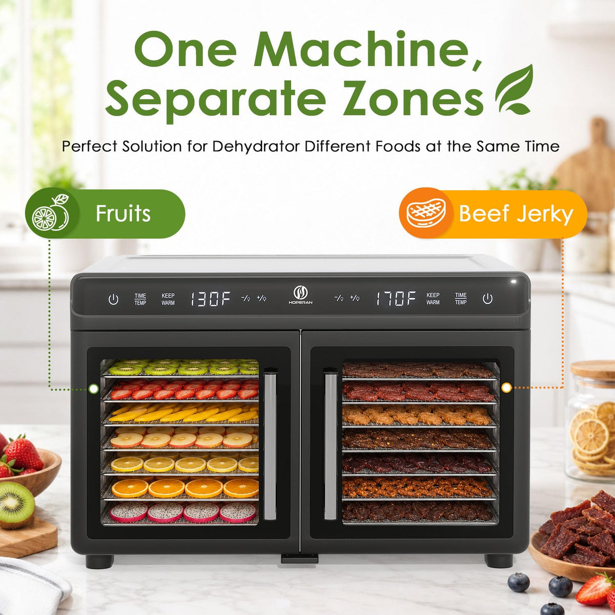 HOPERAN Dual Zone Food Dehydrator, Stainless Steel Trays, Keep Warm Mode