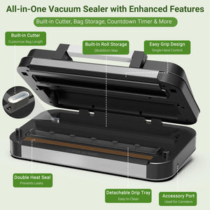 95kPa Vacuum Sealer Machine, Dual Pump, Vacuum & Inflate, Double Heat Seal