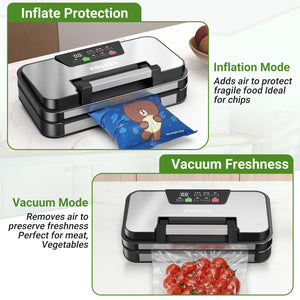 95kPa Vacuum Sealer Machine, Dual Pump, Vacuum & Inflate, Double Heat Seal