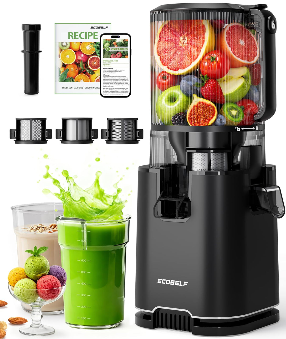 ECOSELF Juicer Machines, With Recipe Cold Press Juicer 6.0" Feed Chute
