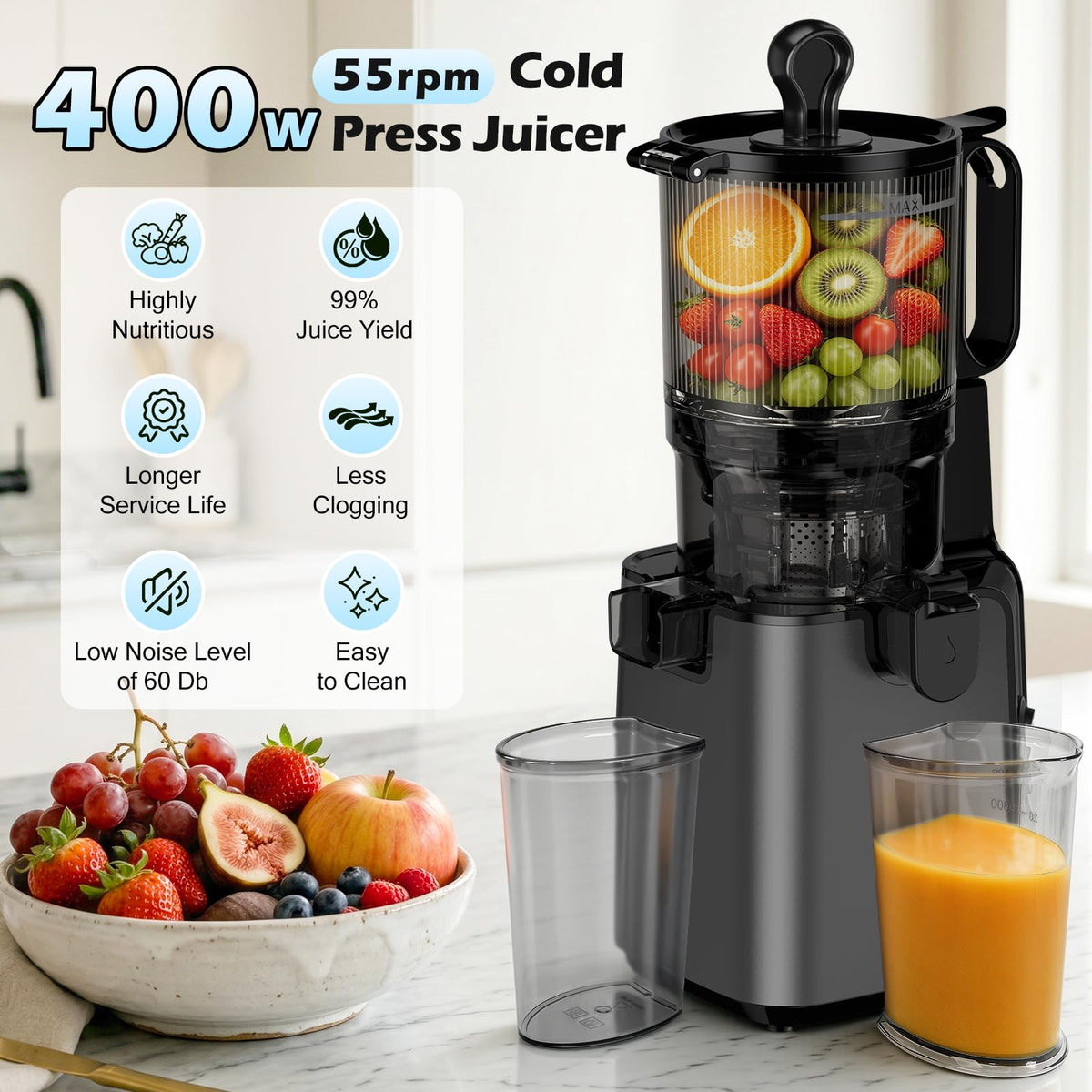 400W Cold Press Juicer with 5.8" Large Chute