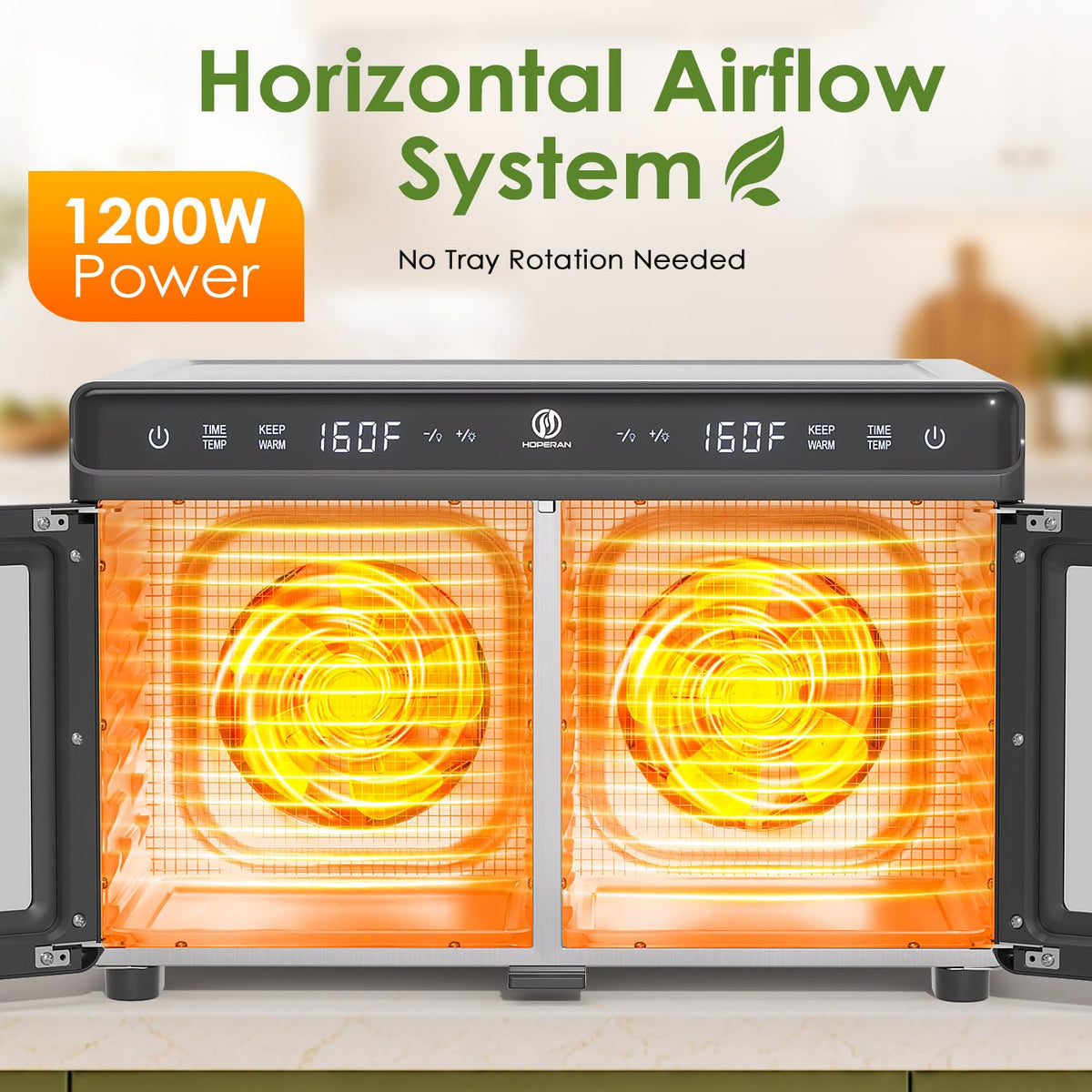 HOPERAN Dual Zone Food Dehydrator, Stainless Steel Trays, Keep Warm Mode