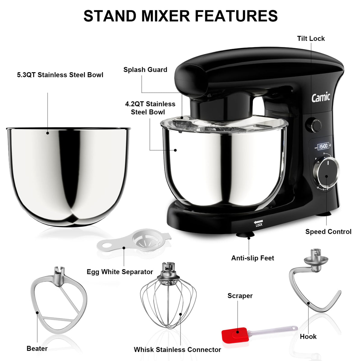 10-Speed Stand Mixer with 4.2 & 5.3 Qt Bowls