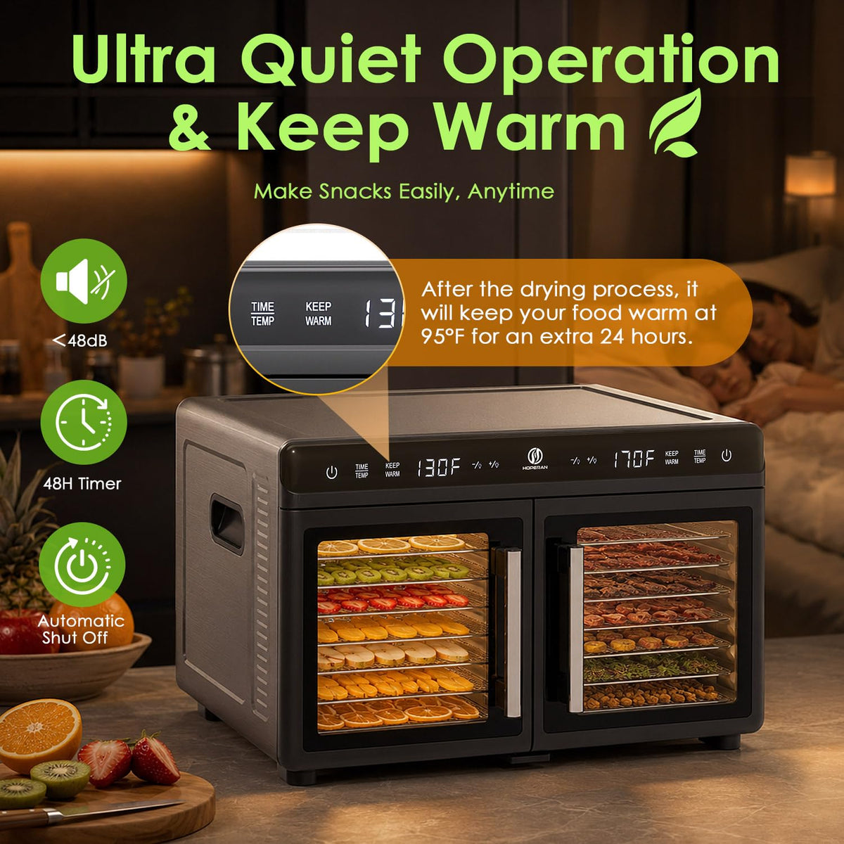 HOPERAN Dual Zone Food Dehydrator, Stainless Steel Trays, Keep Warm Mode