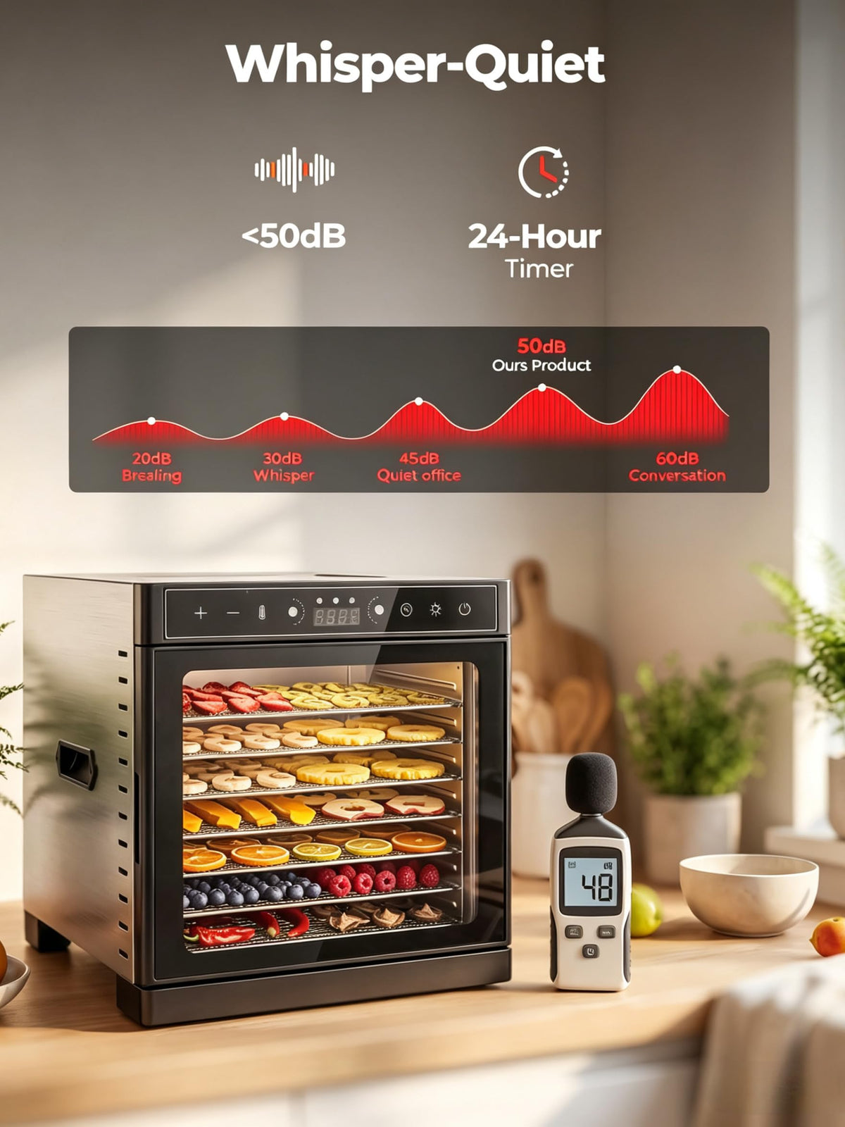 800W Stainless Steel Food Dehydrator with 24H Timer