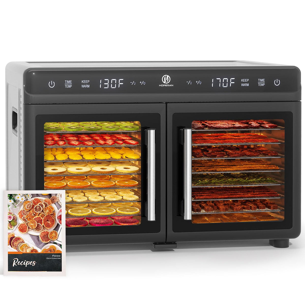 HOPERAN Dual Zone Food Dehydrator, Stainless Steel Trays, Keep Warm Mode