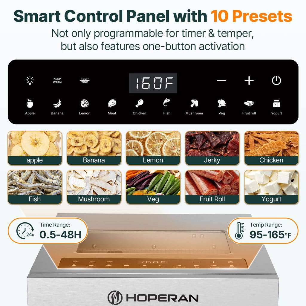 HOPERAN Food Dehydrator with 10 Presets, Stainless Steel, 840W