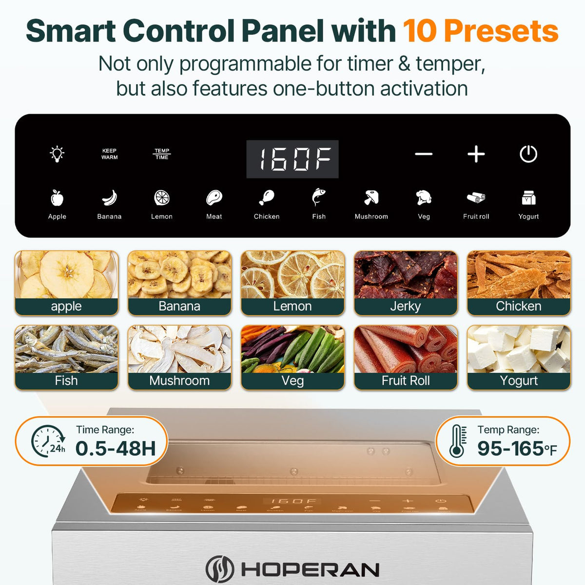 HOPERAN Food Dehydrator with 10 Presets, Stainless Steel, 840W