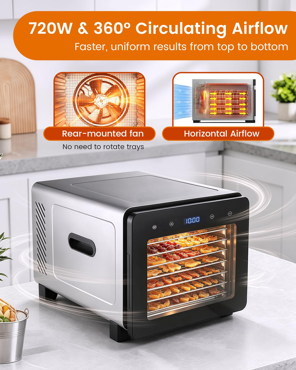 8-Tray Stainless Steel Food Dehydrator with Digital Temperature Control