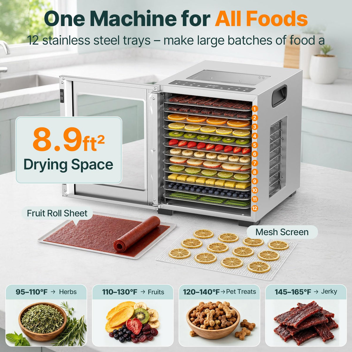 HOPERAN Food Dehydrator with 10 Presets, Stainless Steel, 840W