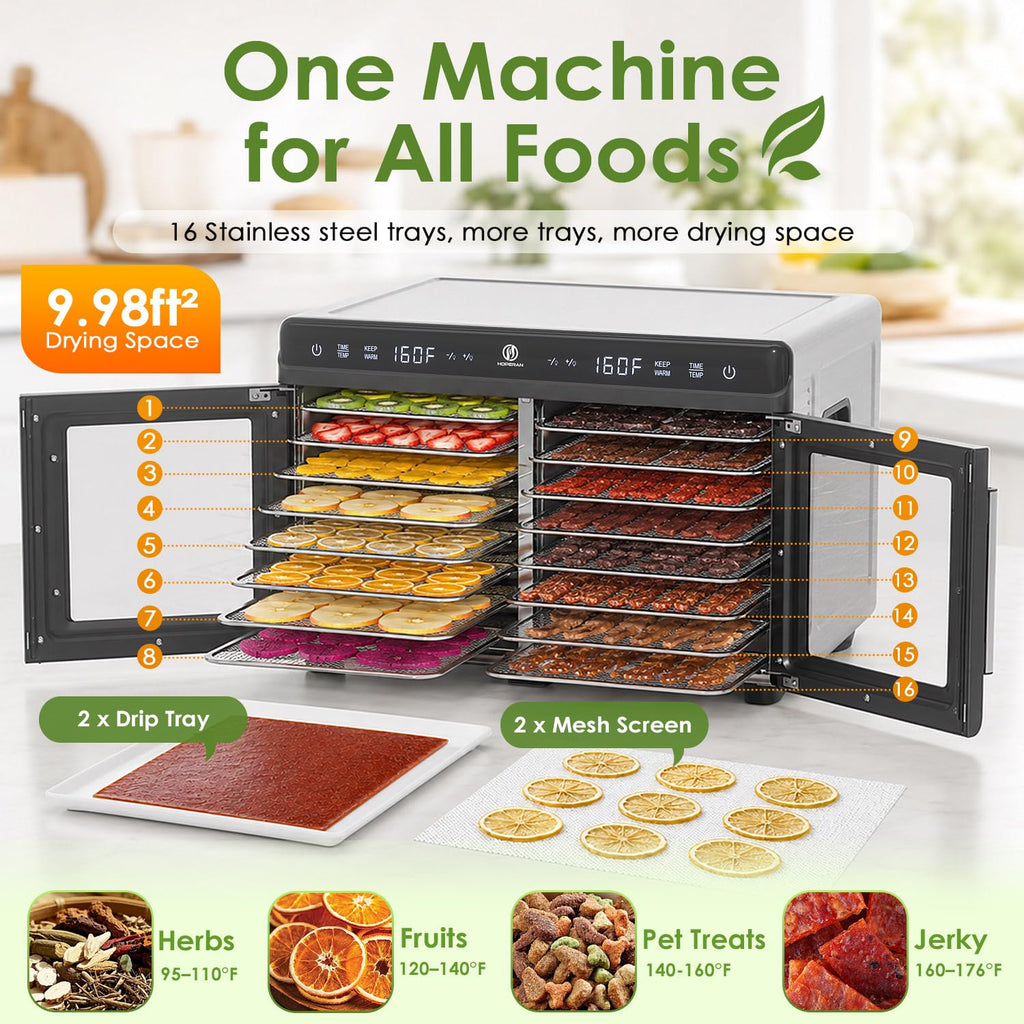 HOPERAN Dual Zone Food Dehydrator, Stainless Steel Trays, Keep Warm Mode