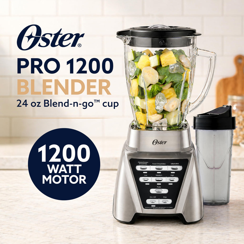 Oster Blender | Pro 1200 with Glass Jar, 24-Ounce Smoothie Cup, Brushed Nickel