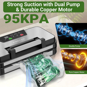 95kPa Vacuum Sealer Machine, Dual Pump, Vacuum & Inflate, Double Heat Seal