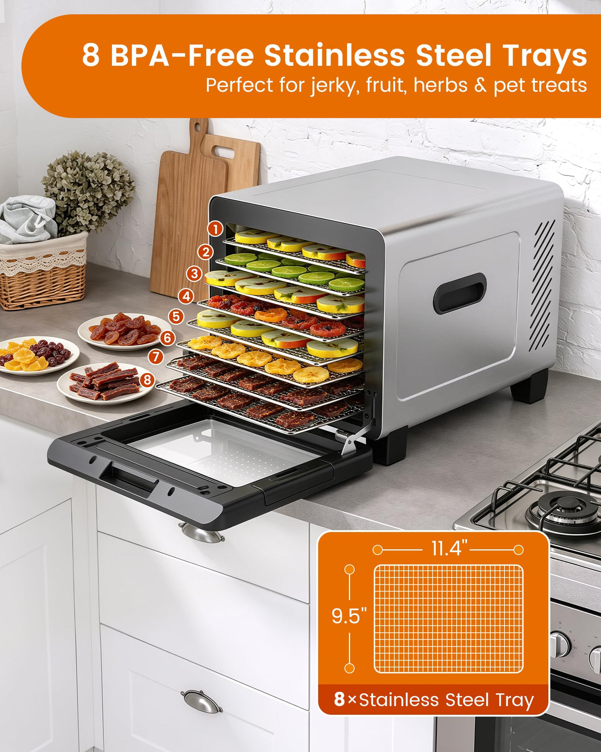 8-Tray Stainless Steel Food Dehydrator with Digital Temperature Control
