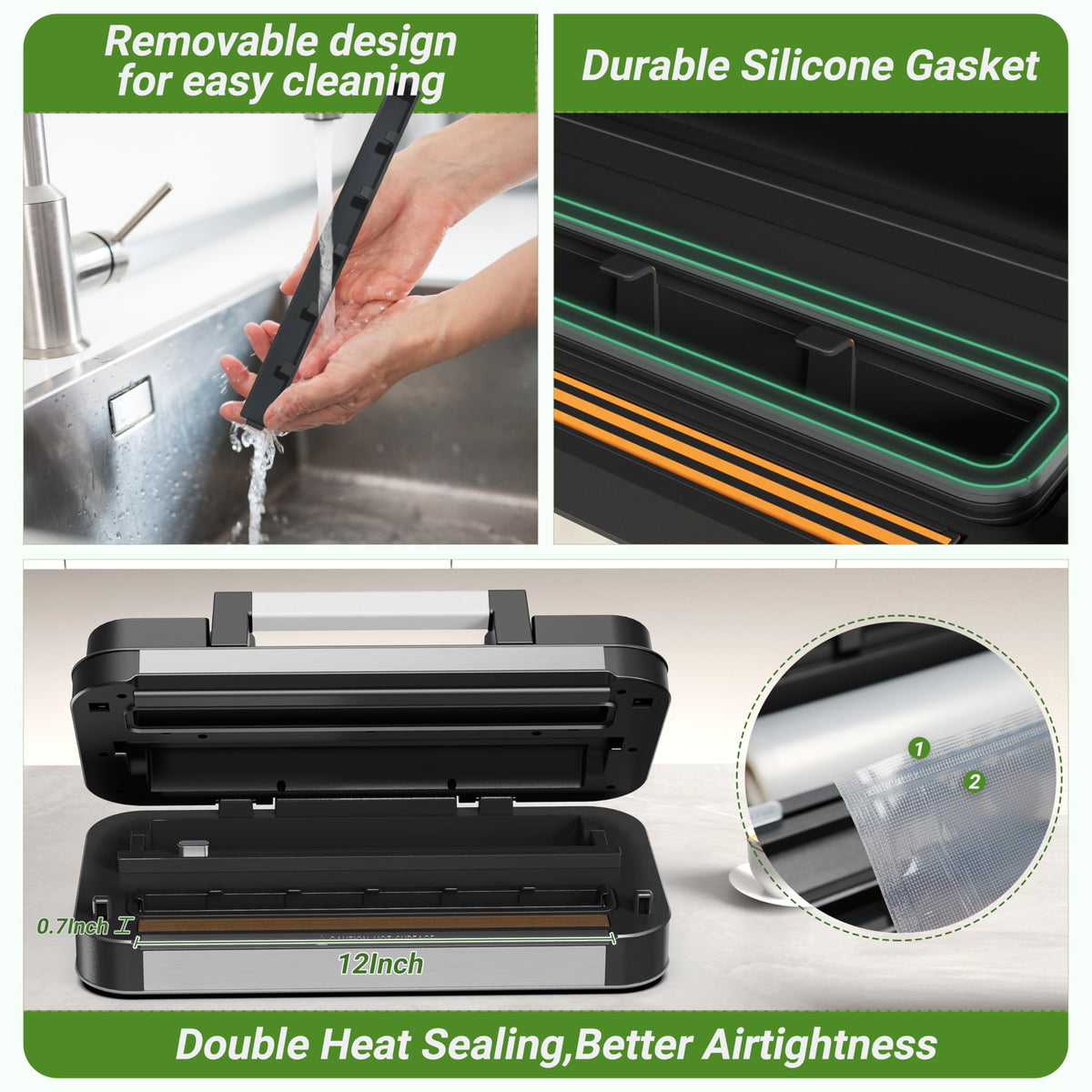 95kPa Vacuum Sealer Machine, Dual Pump, Vacuum & Inflate, Double Heat Seal