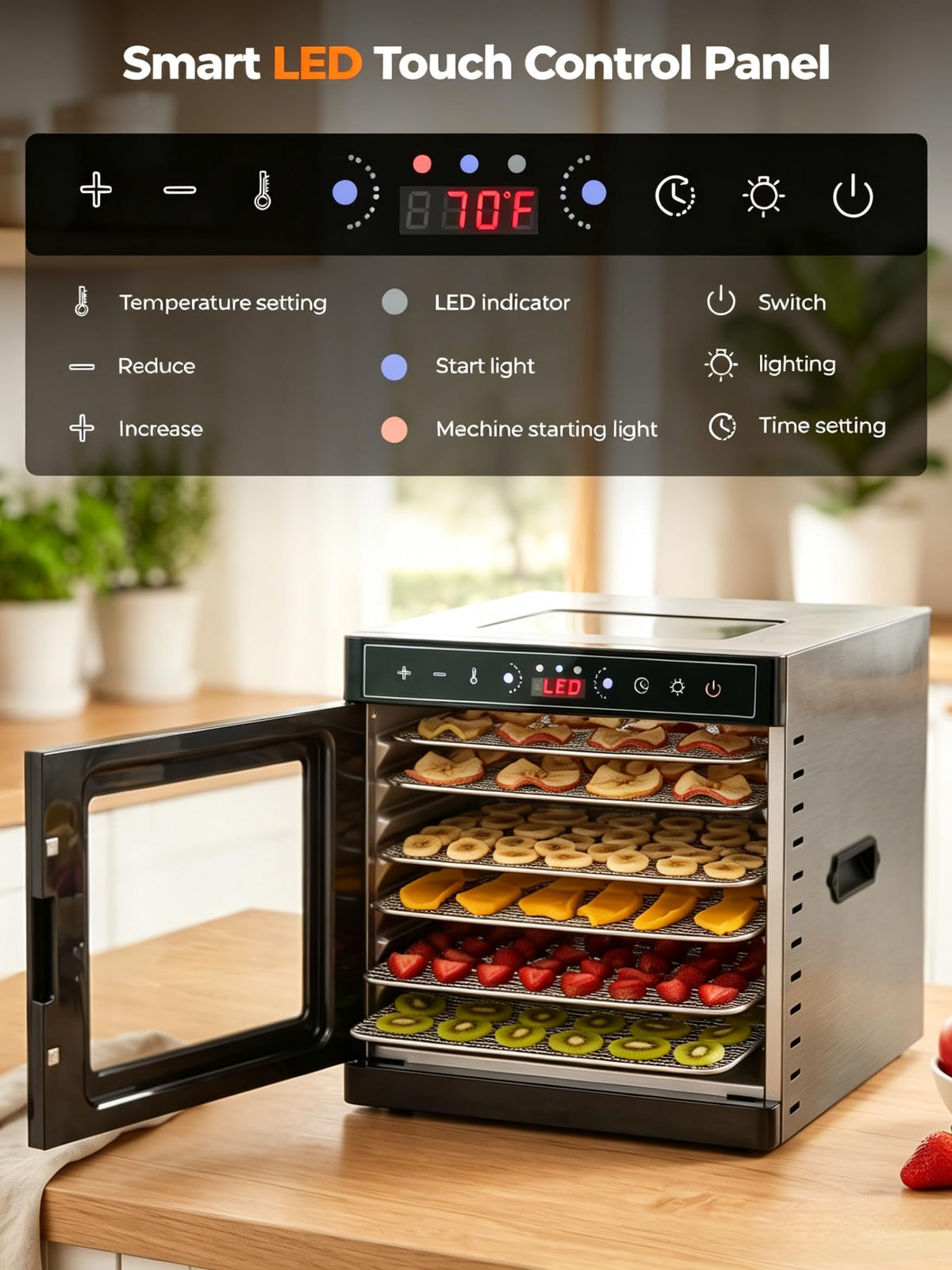 800W Stainless Steel Food Dehydrator with 24H Timer